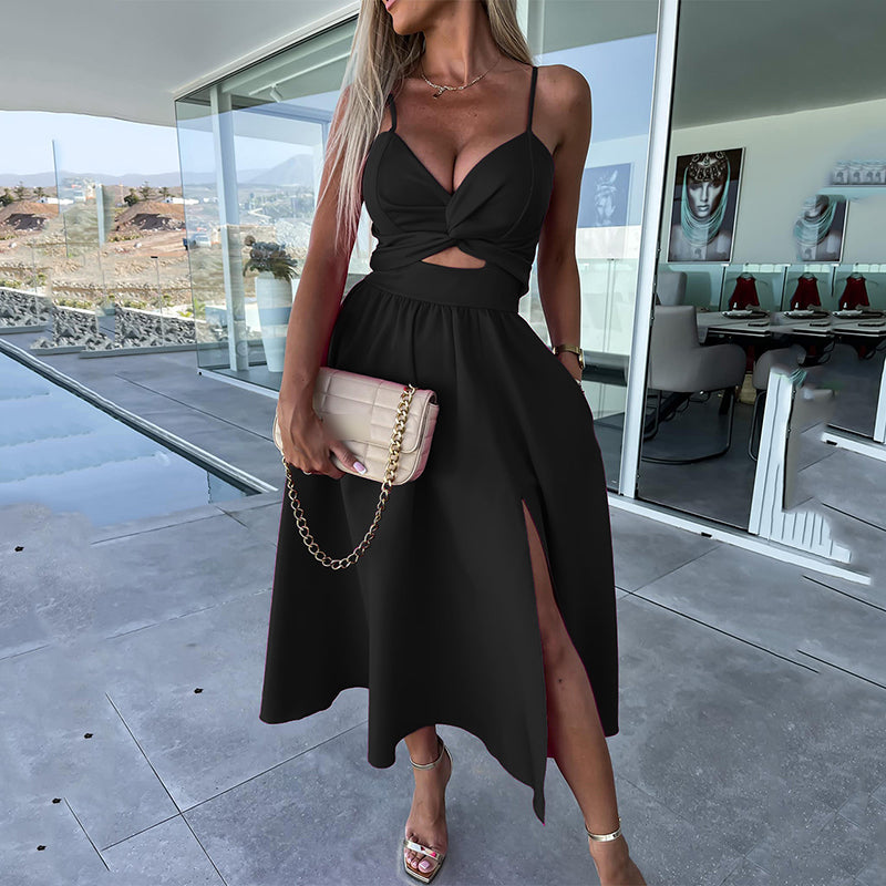 Vanette | Elegant Strappy Front Slit Midi Dress